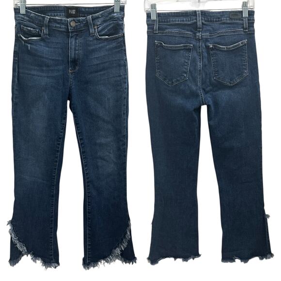 Paige Colette Mid-Rise Crop Flare Jeans Palma Dark Blue Asym Surplice Fray Hem - Picture 1 of 8